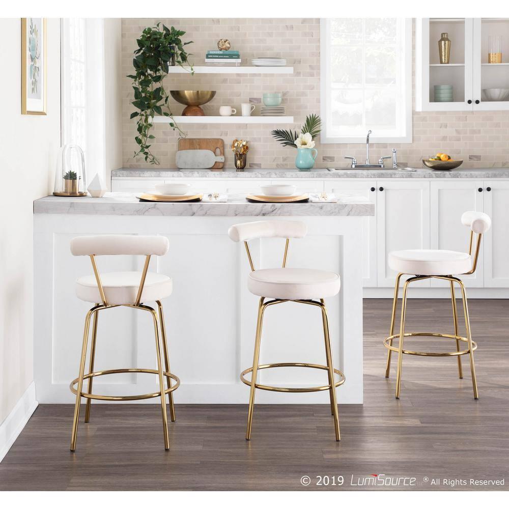 Set of 2 Rhonda Glam Counter Height Barstools Cream Velvet - LumiSource: Gold Finish, Metal Frame, Swivel Function