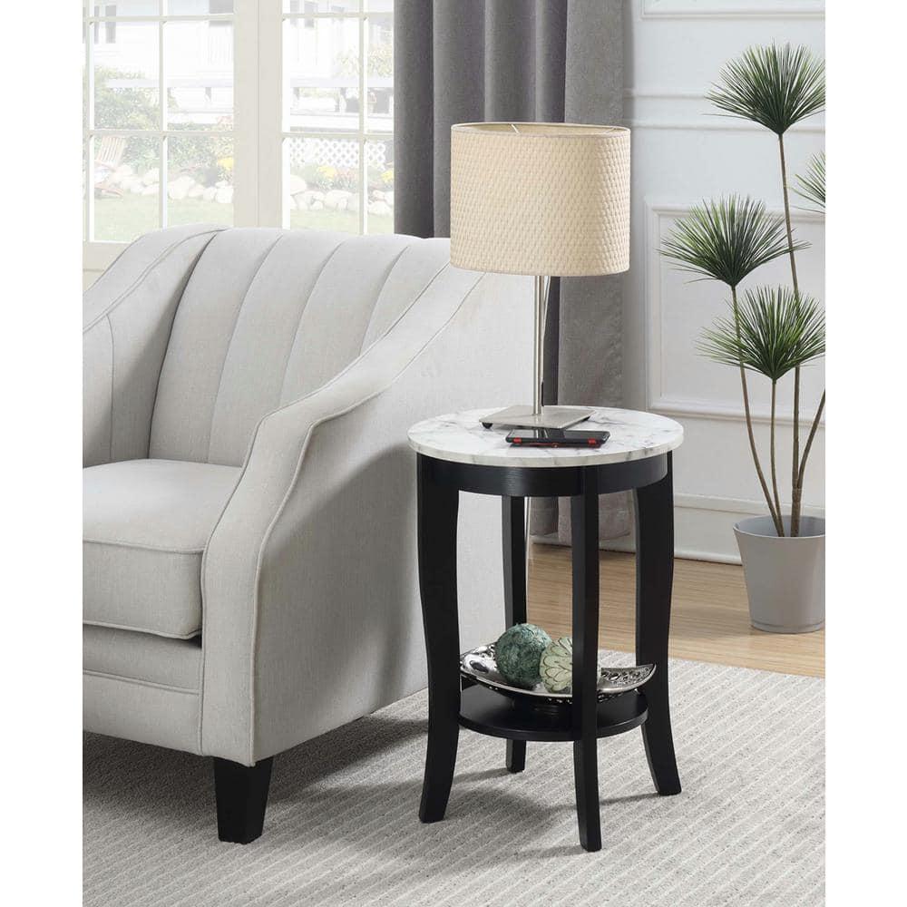 American Heritage Round End Table, White Faux Marble & Black - 24 x 17.75 x 17.75 in.