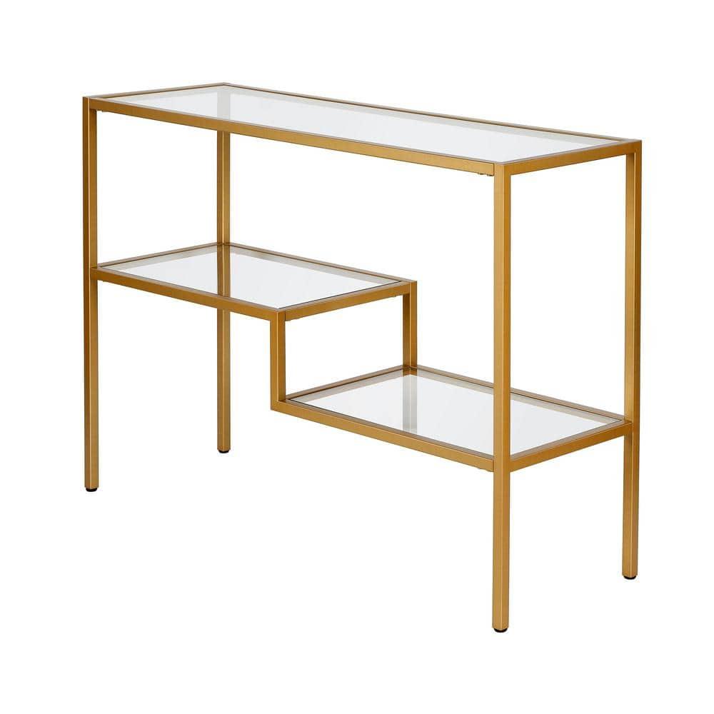 Brass and Glass Console Table with Storage Shelves