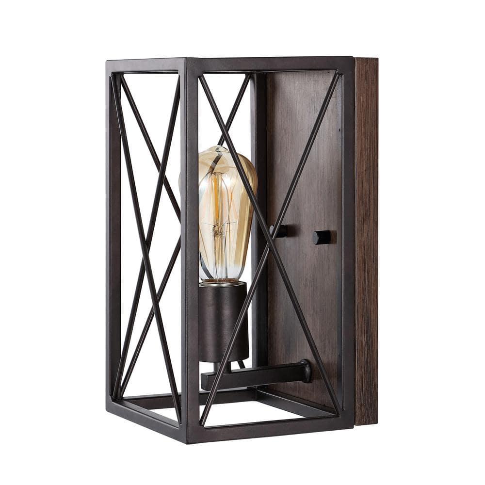 JONATHAN Y Norris X-Frame 6" 1-Light Farmhouse Rustic Iron LED Sconce, Oil Rubbed Bronze/Wood Finish