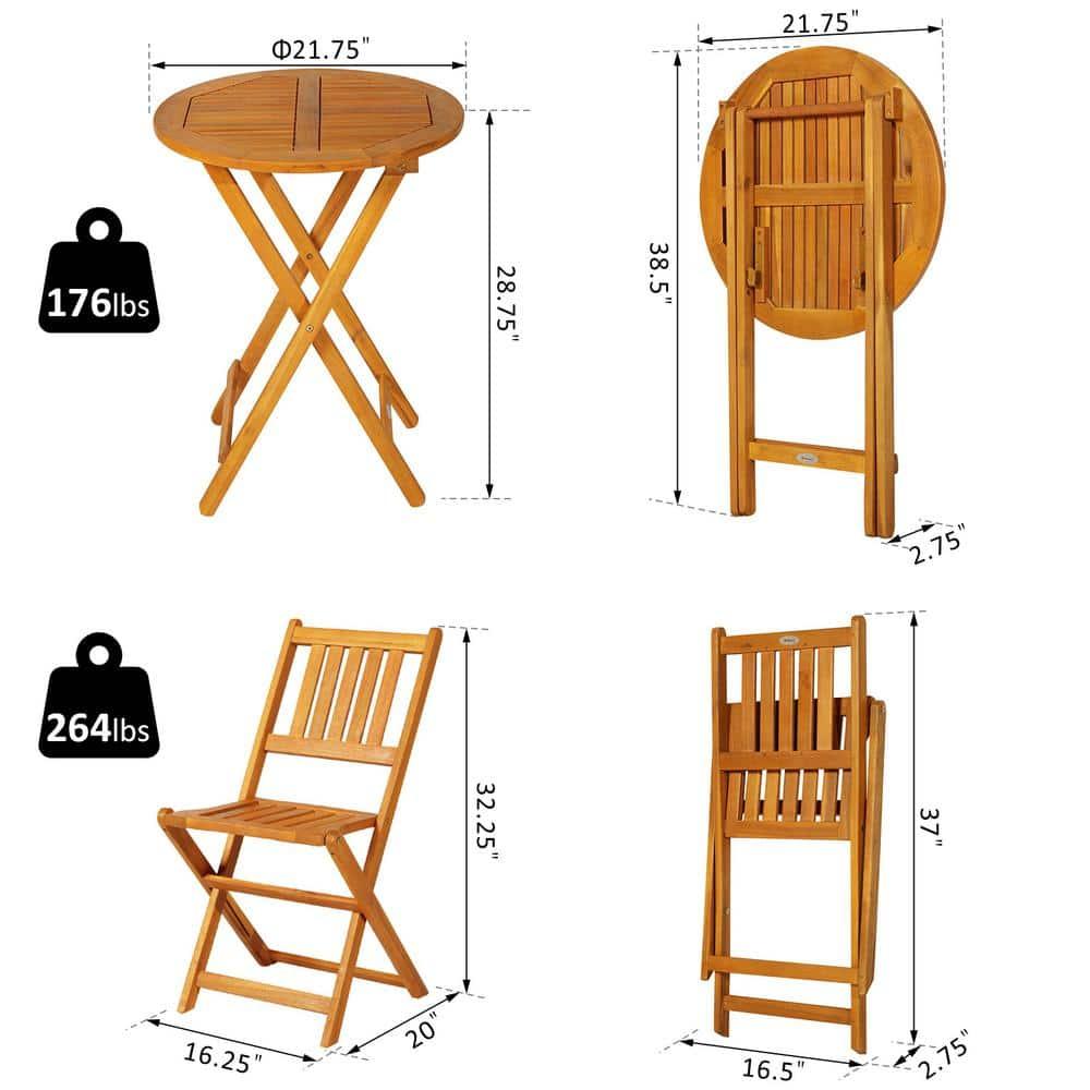 Outsunny Bistro Table and Chairs Set Of 2, Acacia Wood Patio Table, Wooden Folding Chairs, Varnished, 3 Piece Outdoor Furniture Set, Slatted, Teak