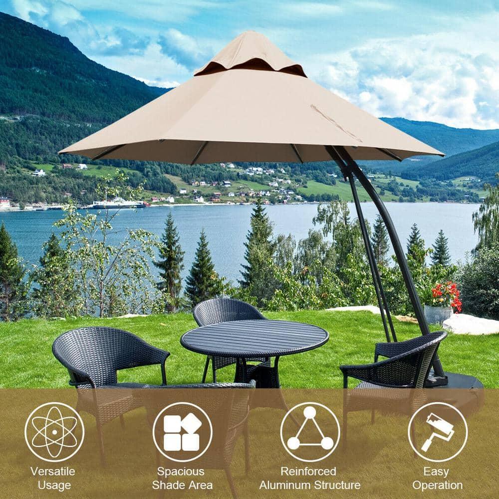 Canddidliike 11 Feet Outdoor Cantilever Hanging Umbrella with Base and Wheels-Tan, Patio Offset Umbrella with Easy Tilt Adjustment, Offset Hanging Umbrella, Sunshade Umbrella Canopy