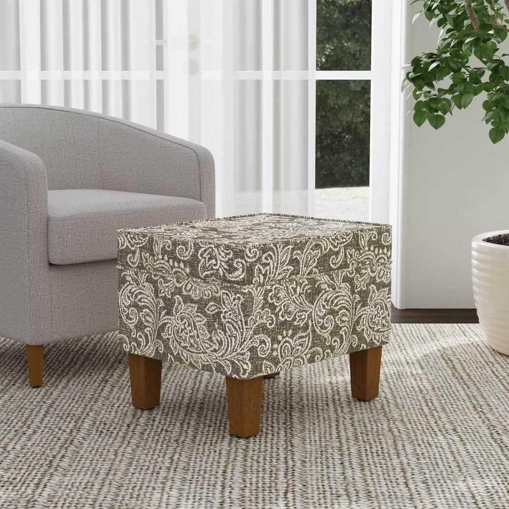 HomePop Medium Storage Ottoman Brown : Upholstered Footstool, Floral Pattern, Hardwood Frame