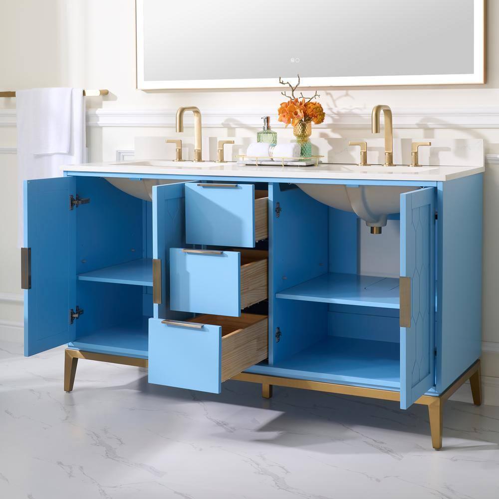 60 in Blue Solid Wood Double Sink Vanity with White Quartz Top