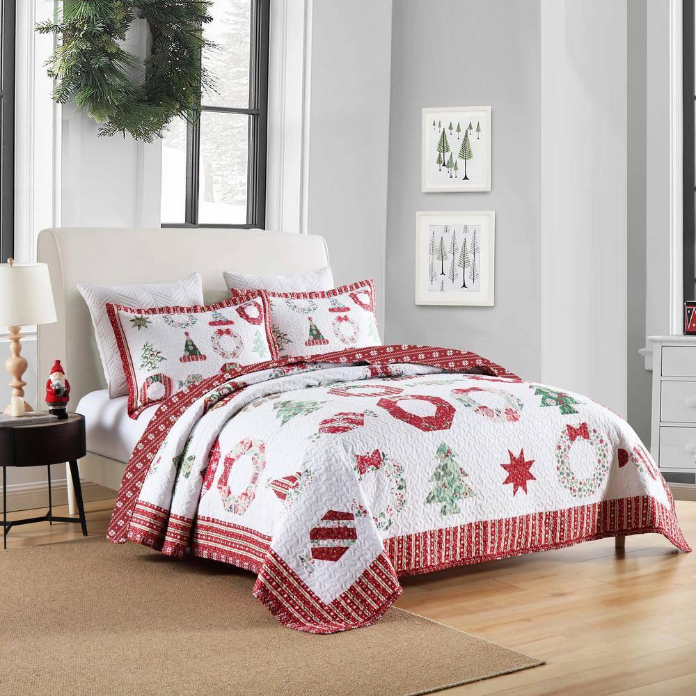 MarCielo 3 Pcs Christmas Quilt Bedspread Set Candy Red BY205