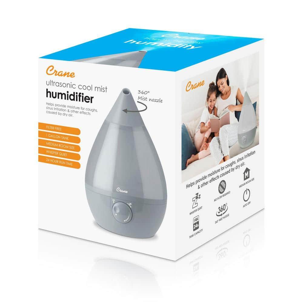 Crane Ultrasonic Teardrop Cool Mist Humidifier, Large 1 Gal Tank, Automatic Shut-Off, Baby Humidifiers for Nursery and Bedroom, Grey
