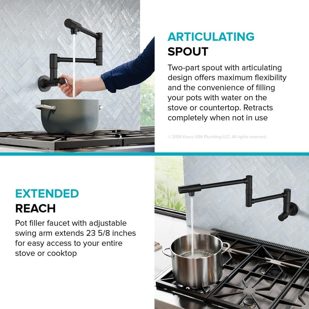 KRAUS Bolden 2 Handle Pot Filler Faucet With Retractable Arm, Wall Mount Kitchen Faucet, Pot Filler For Over Stove