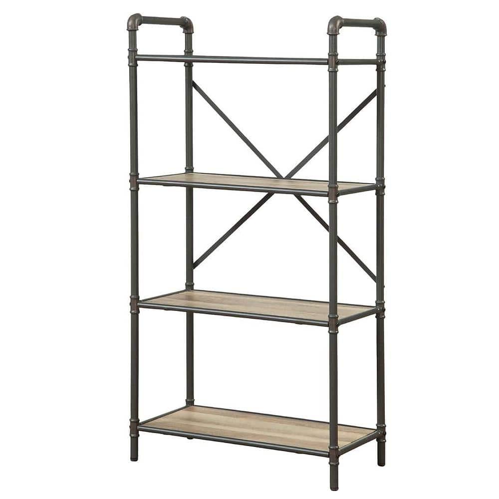 48" Itzel 4 Shelves Bookcase Antique Oak/Sandy Gray - Acme Furniture: Metal Frame, Open Back Design, Home Office Storage