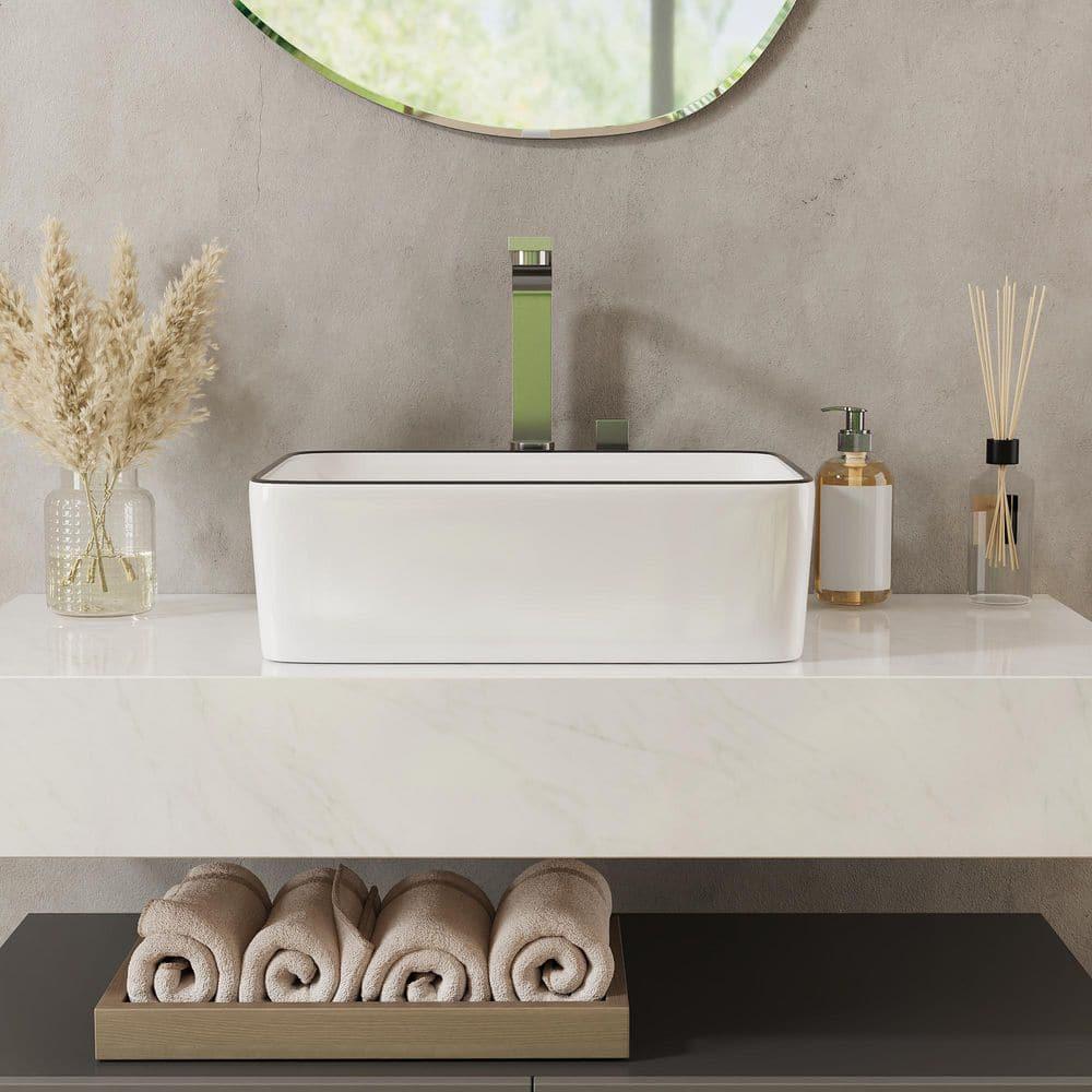 DeerValley DV-1V0317 Deervalley Liberty 16'' X 12'' Rectangular Vitreous China Vessel Bathroom Sink, White With Black Striped Edge