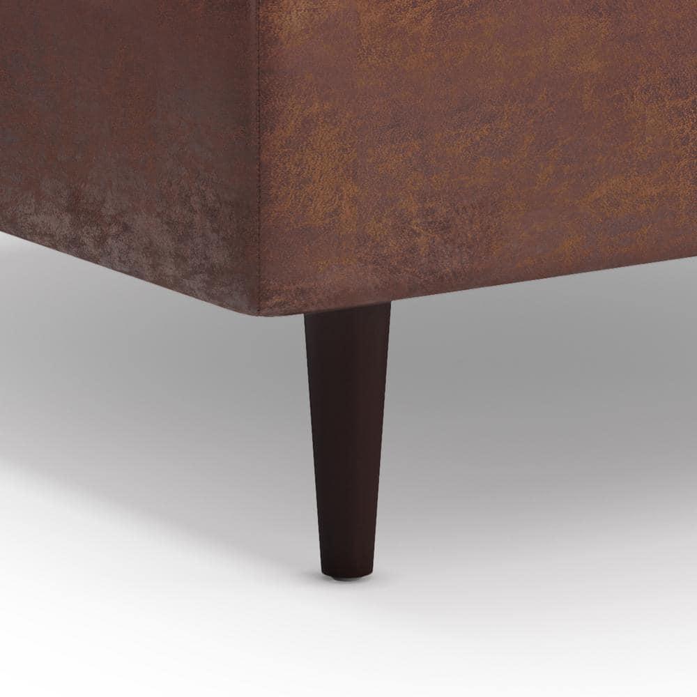 Simpli Home Shay 38 inch Wide Mid Century Modern Square Mid Century Large Square Coffee Table Storage Ottoman in Distressed Saddle Brown Vegan Faux Leather
