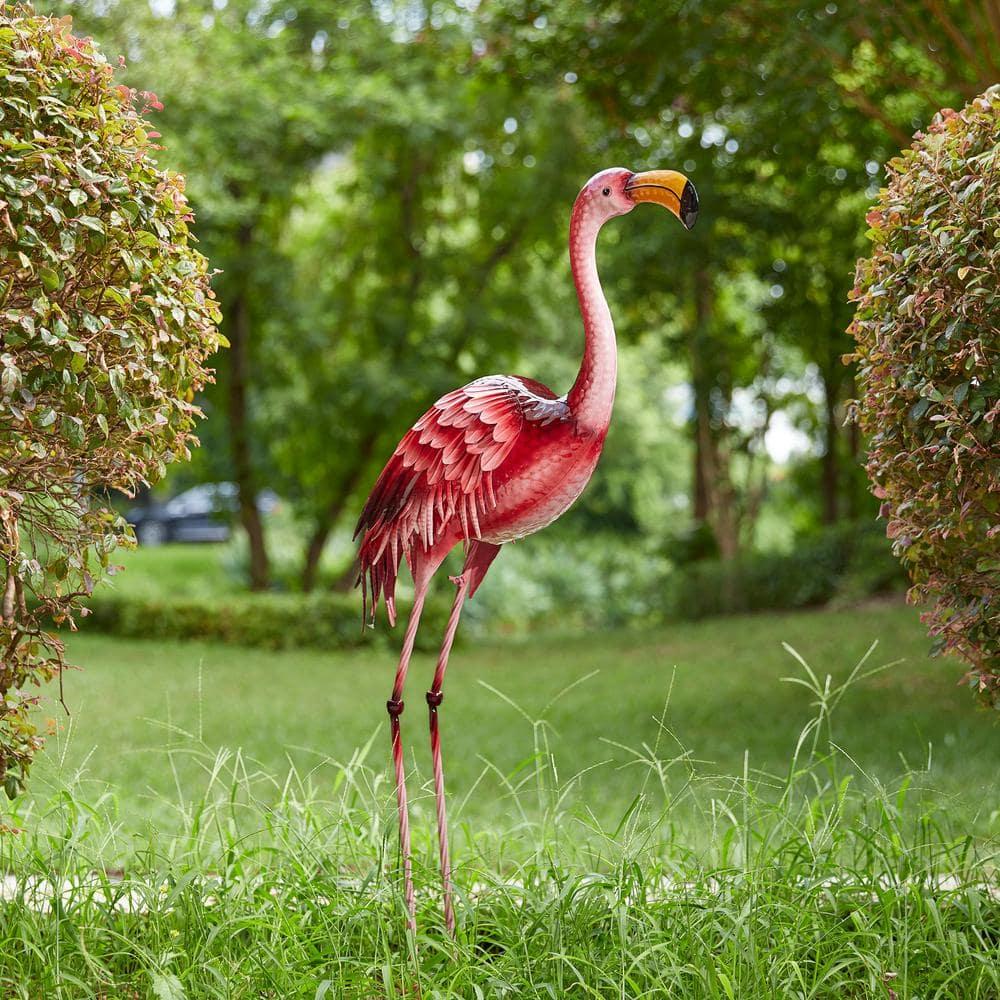 38.5 in. H Metal Standing Flamingo Garden Statue with Stakes (KD)