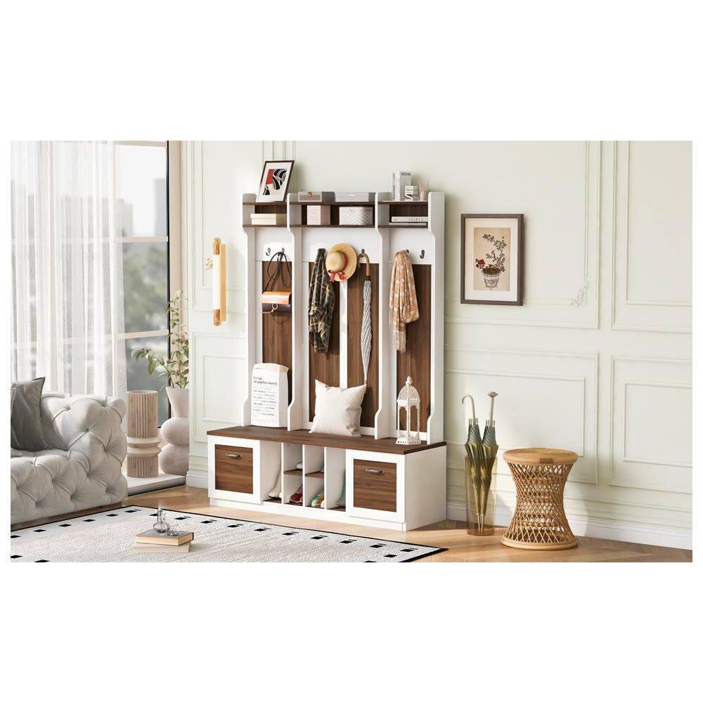 3 in 1 Hall Tree Coat Hanger Entryway Bench with 6 Hooks & Adjustable Shelves, Solid Wood Hallway Organizer with Storage Compartment for Hallway Living Room Mudroom, Brown