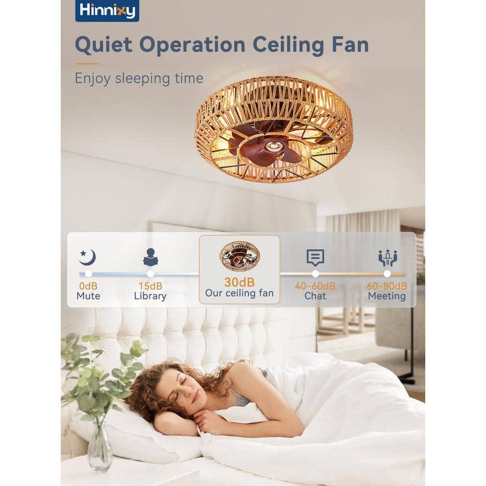 20'' Boho Rattan Caged Ceiling Fan with Light and Remote, Farmhouse Flush Mount Boho Ceiling Fan Light Low Profile Bladeless Ceiling Fan Timing 6 Speeds Reversible, Brown