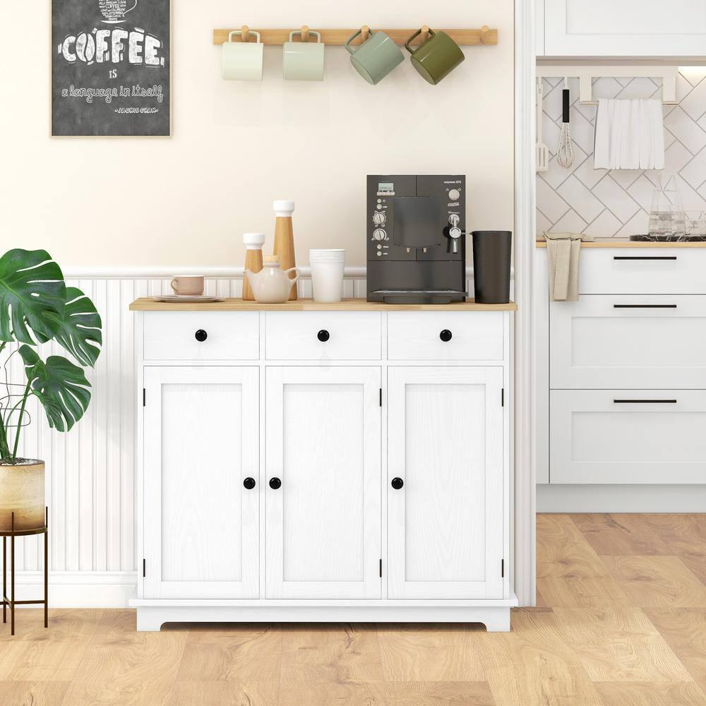 HOMCOM Kitchen Storage Cabinet, Sideboard Floor Cupboard with Solid Wood Top, Adjustable Shelf, and 3 Drawers for Living Room, Distressed White