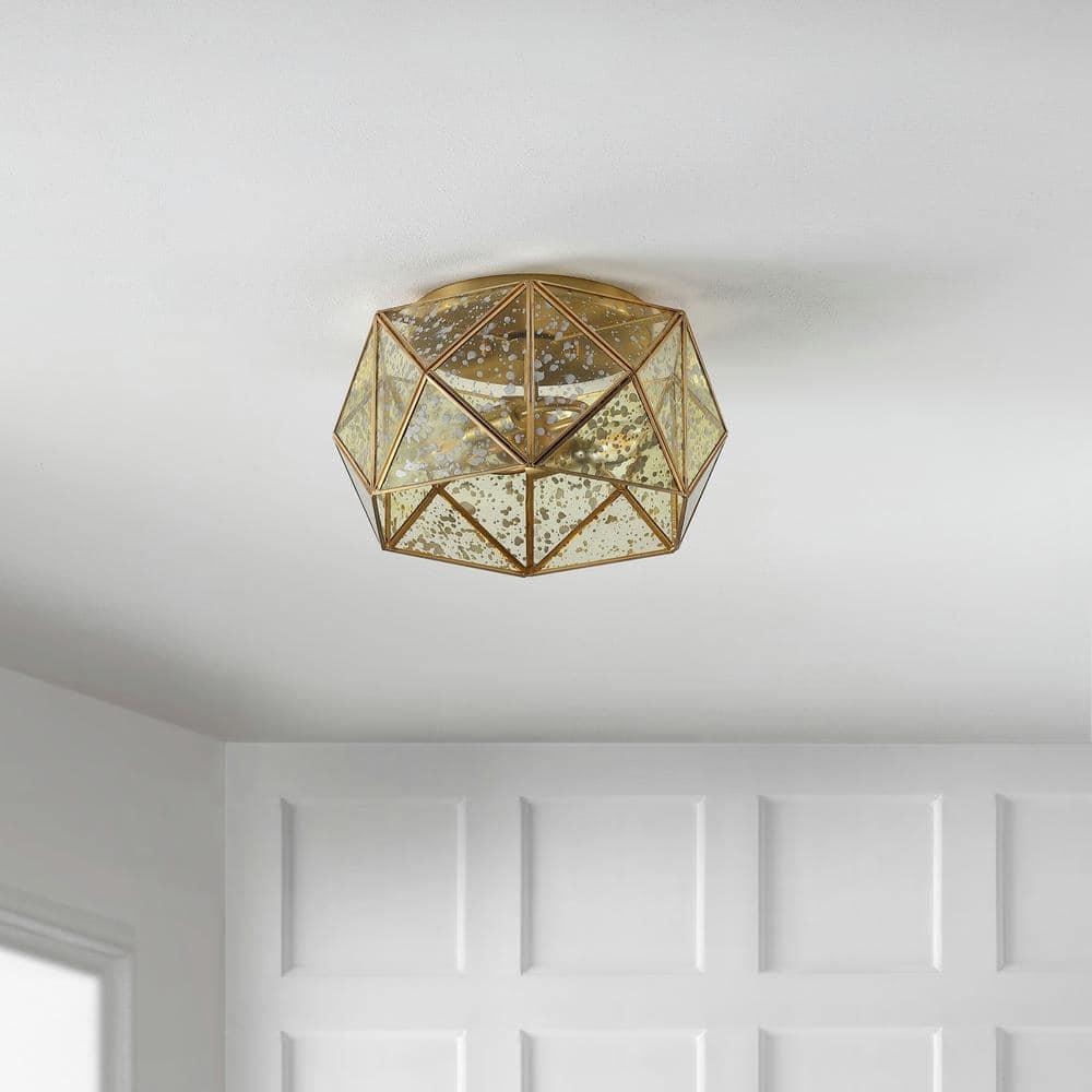 JONATHAN Y JYL9927A Violet 12.5" 2-Light Industrial Vintage Iron/Glass LED Flush Mount Farmhouse Modern 2700K Cozy Warm Light Kitchen Hallway Bathroom Stairwell Entryway Foyer, Brass Gold