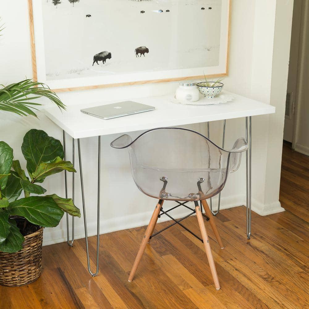 Walker Edison MDF Wood Writing Desk with Chrome Metal Legs in White