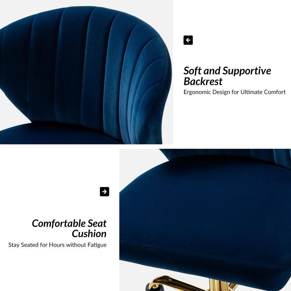 Navy Velvet Swivel Office Chair with Gold Legs, Adjustable Height Rolling Desk Chair for Vanity