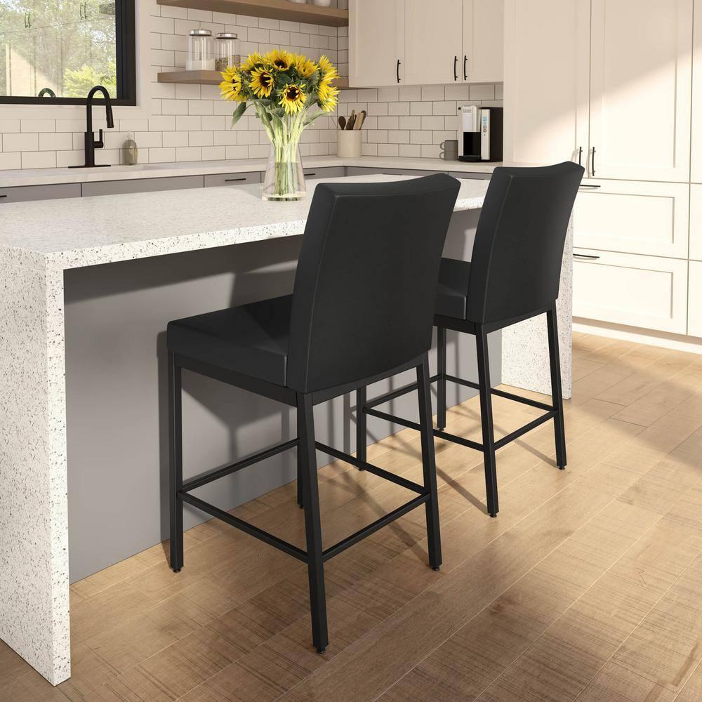 Perry Plus 26" Glamorous Black Faux Leather Counter Stool with Metallic Grey Frame