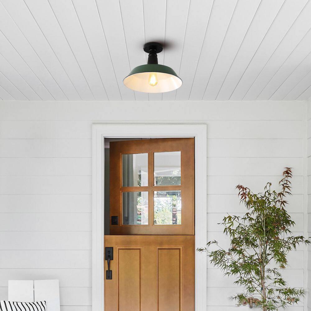 JONATHAN Y Camila 14" 1-Light Classic Industrial Indoor/Outdoor Iron LED Semi Flush Mount, Green/White, JYL7617F