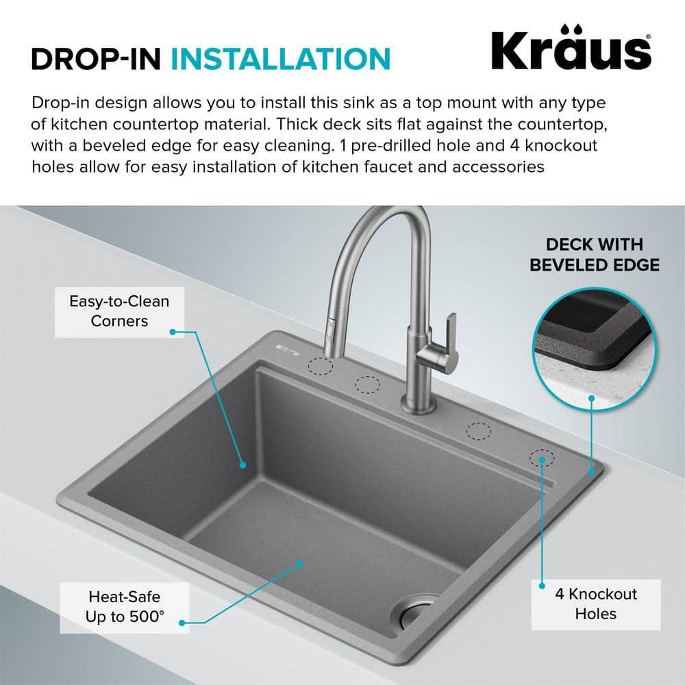 Kraus KGTW12-25MGR KRAUS Bellucci Granite Composite Workstation Drop-In Top Mount Single Bowl Kitchen Sink with Accessories
