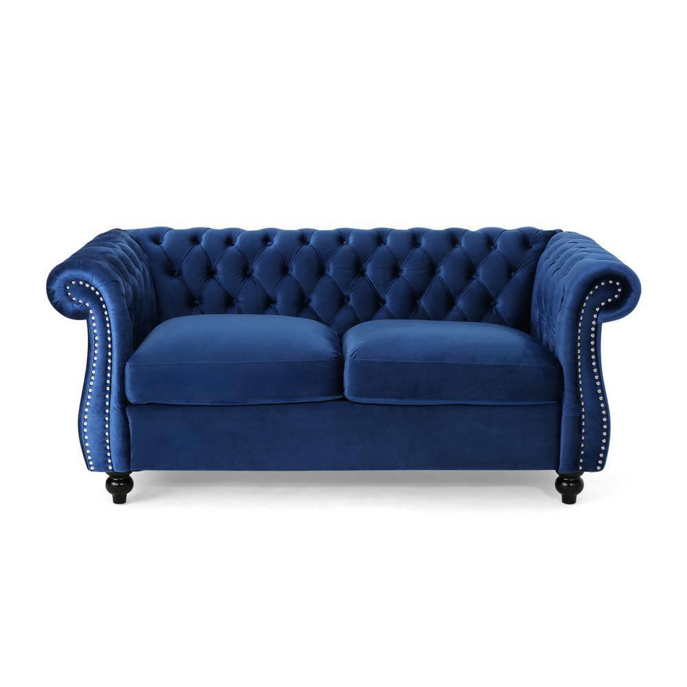 Ember Interiors Aaniya Velvet Chesterfield Loveseat Sofa, Navy Blue