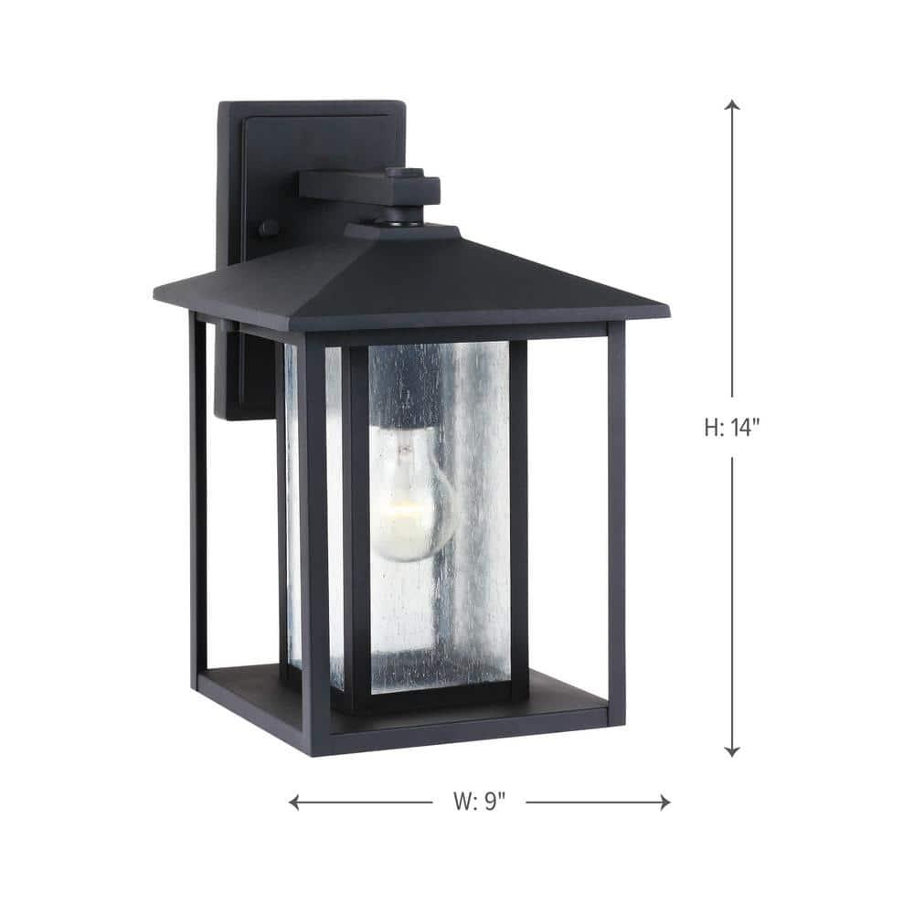 Hunnington 14 in. H 1-Light Outdoor Black Wall Lantern Sconce with Clear Seeded Glass Panels