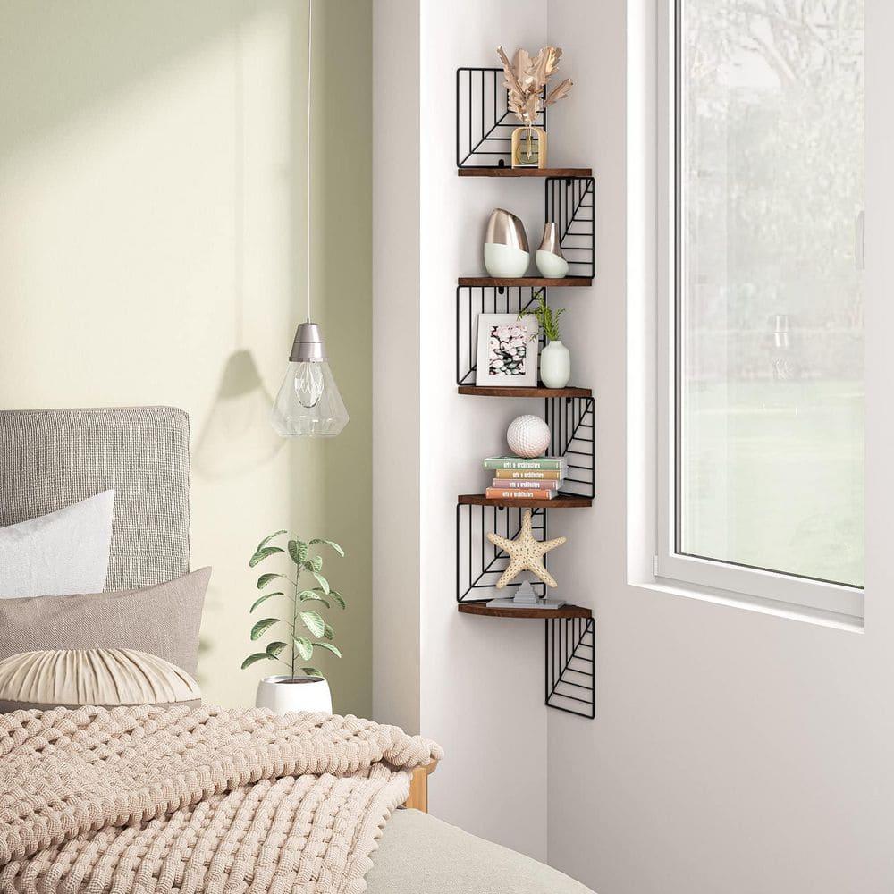 Dark Walnut 5-Tier Floating Corner Wall Shelves with Metal Brackets