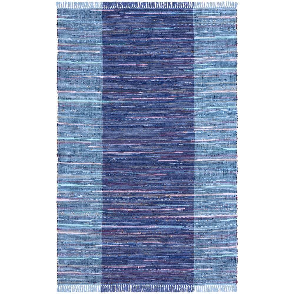SAFAVIEH Rag Romeo Striped Fringe Cotton Area Rug, Navy/Blue, 2' x 3'