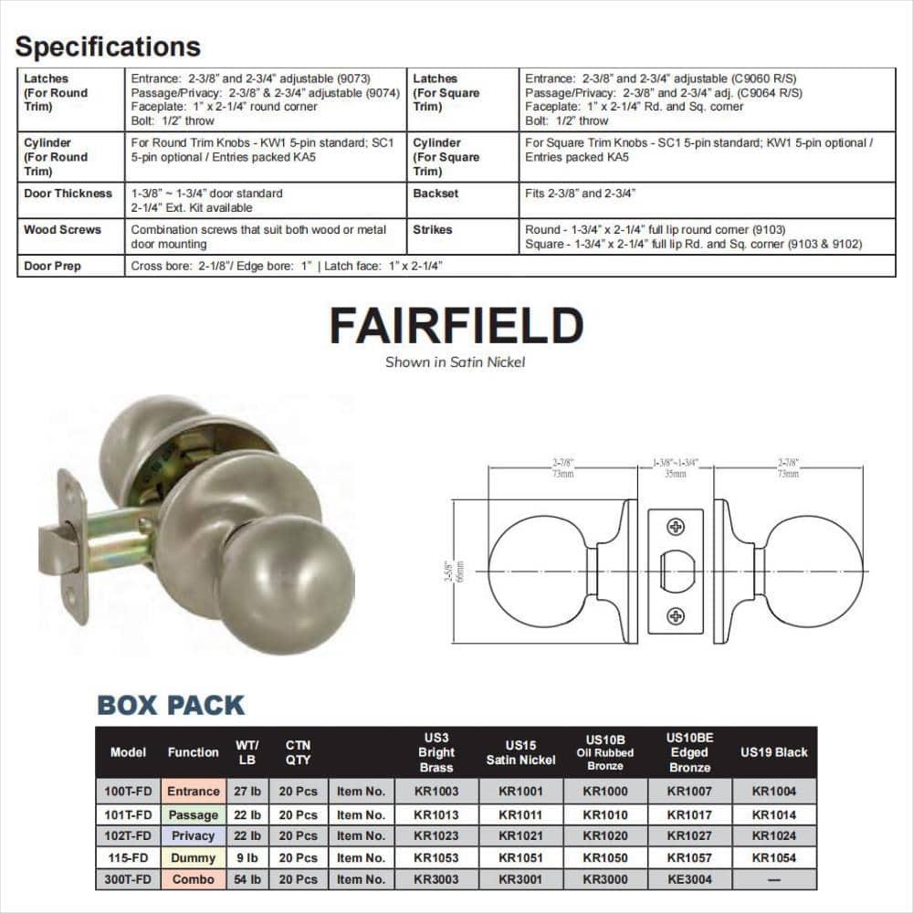 Callan Fairfield Single Dummy Door Knob US10BE
