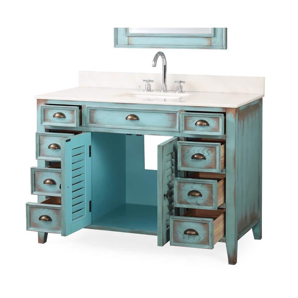 46 Inch Abbeville Distressed Blue Finish Cottage Plantation Style Bathroom Vanity with White Marble Stone Top, 4 Functional Drawers, Undermount Sink, Hardware Included