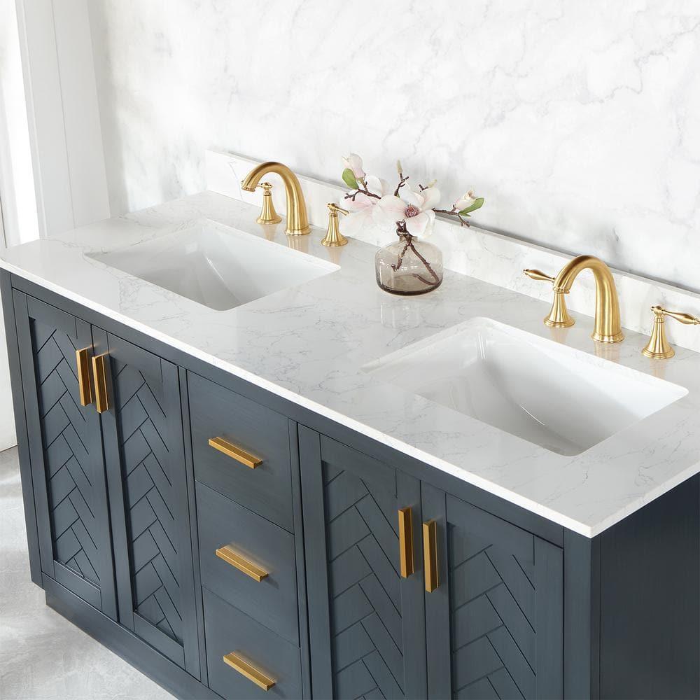 Gazsi 60" Double Bathroom Vanity Set in Charcoal Blue with Grain White Composite Stone Countertop without Mirror