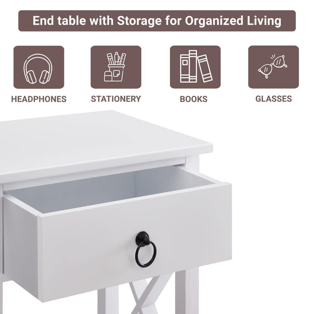 12 in. White Rectangle Wood End Table with Drawer and Shelf Solid Narrow Side Table For Bedrooms Ideal For Small Spaces