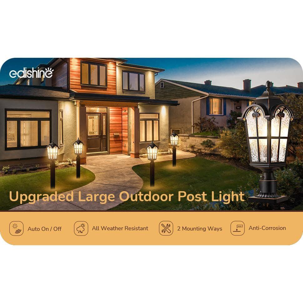 EDISHINE Large Size Dusk to Dawn Outdoor Post Light, 21.9'' H Pole Light Fixture with Pier Mount Base, Waterproof Exterior Lamp Post Lantern Head for Yard, Driveway, Fence, Black