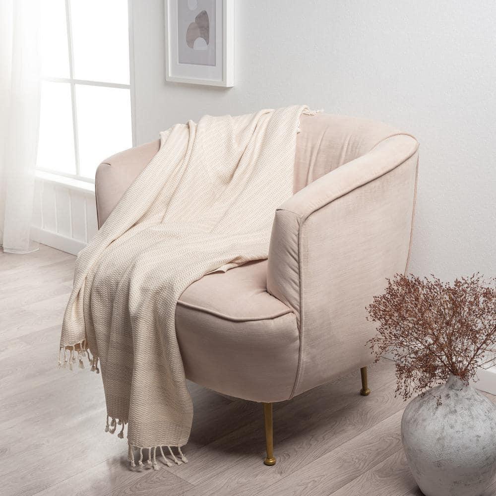 Ox Bay Beige Striped Ultra-Soft Turkish Cotton Throw Blanket, 50" x 60"
