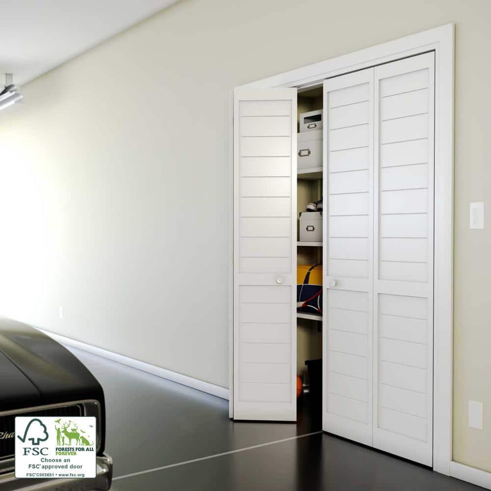 EightDoors 80-in Louvered Wood Finished Painted Flat Bi-Fold Door