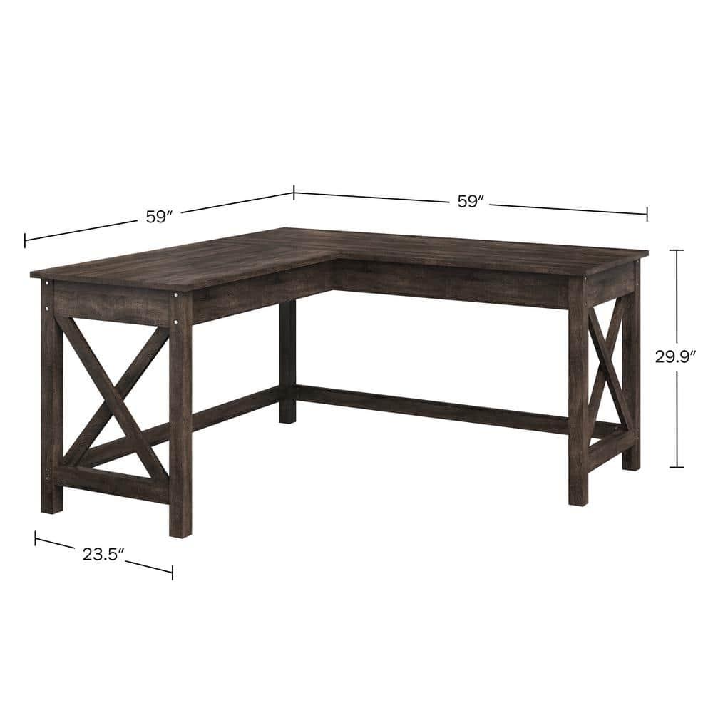 Lavish Home 59" L-Shaped Farmhouse Style Desk with Return for Home Office in Dark Gray Oak Finish