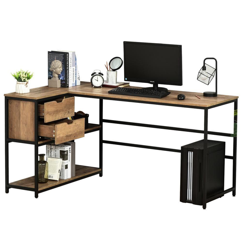 HOMCOM L-Shaped Home Offie Computer Desk with Storage Shelves, 2 Dawers and Industrial Steel Frame, Black/Brown
