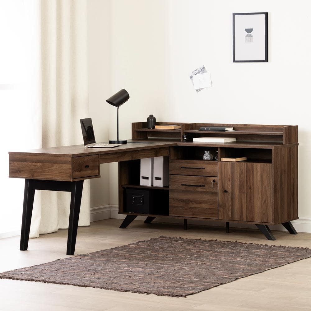 Helsy L-Shaped Desk with Power Bar and Removable Hutch Natural Walnut