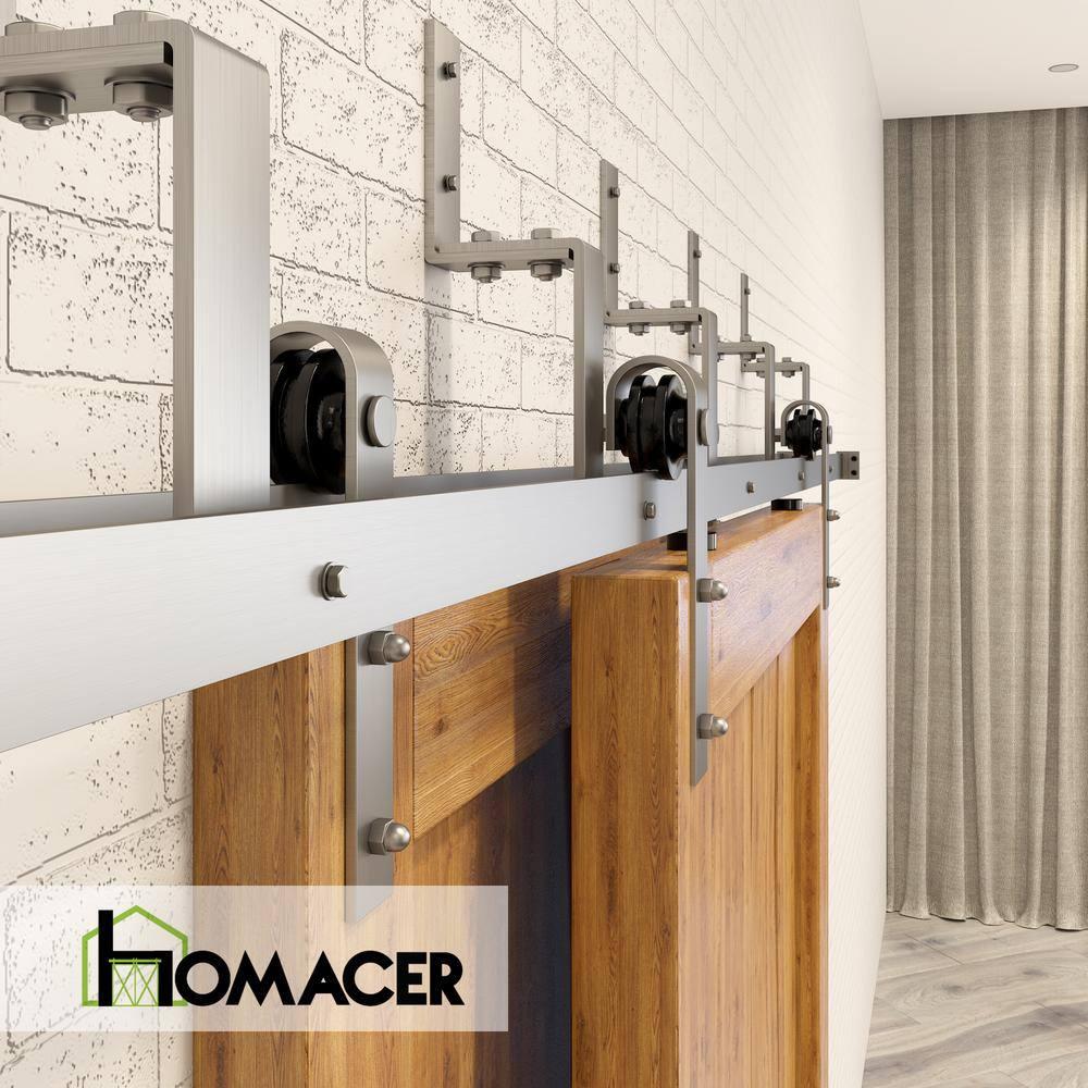 Homacer Brushed Nickel Double Track Z-Shape Bypass Sliding Barn Door Hardware Kit, for Two/Double Doors, 4ft Long Flat Track, Classic Design Roller, Heavy Duty, for Interior Use