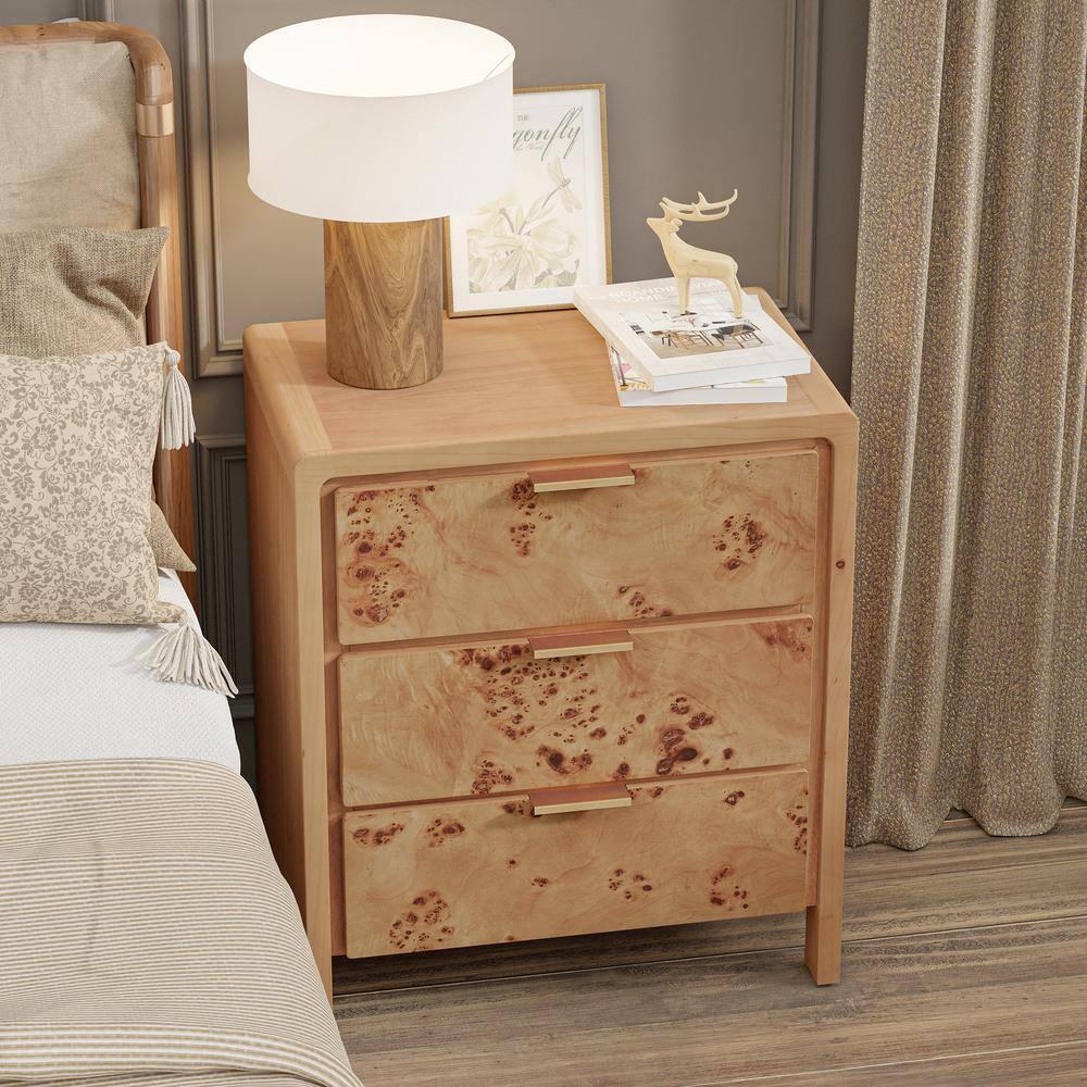 COZAYH Farmhouse 3 Drawer Dresser, Rustic Vintage Nightstand, Home Bedroom Wooden Side Table Burl Finish Vintage Accent, Natural