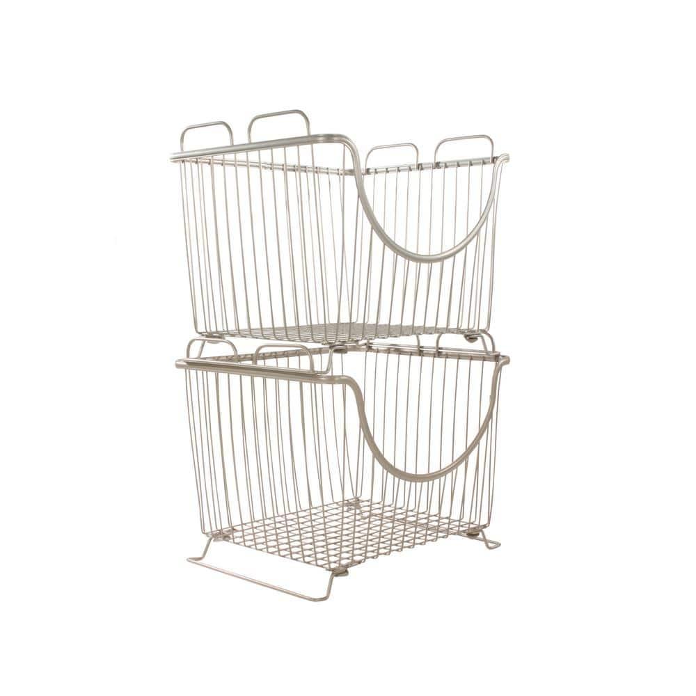 Spectrum Diversified Ashley Steel Stackable Wire Basket with Raised Feet and Looped Handles, Modular Stacking Bin System for Kitchen Countertop and Desk Organization, Large, Satin Nickel