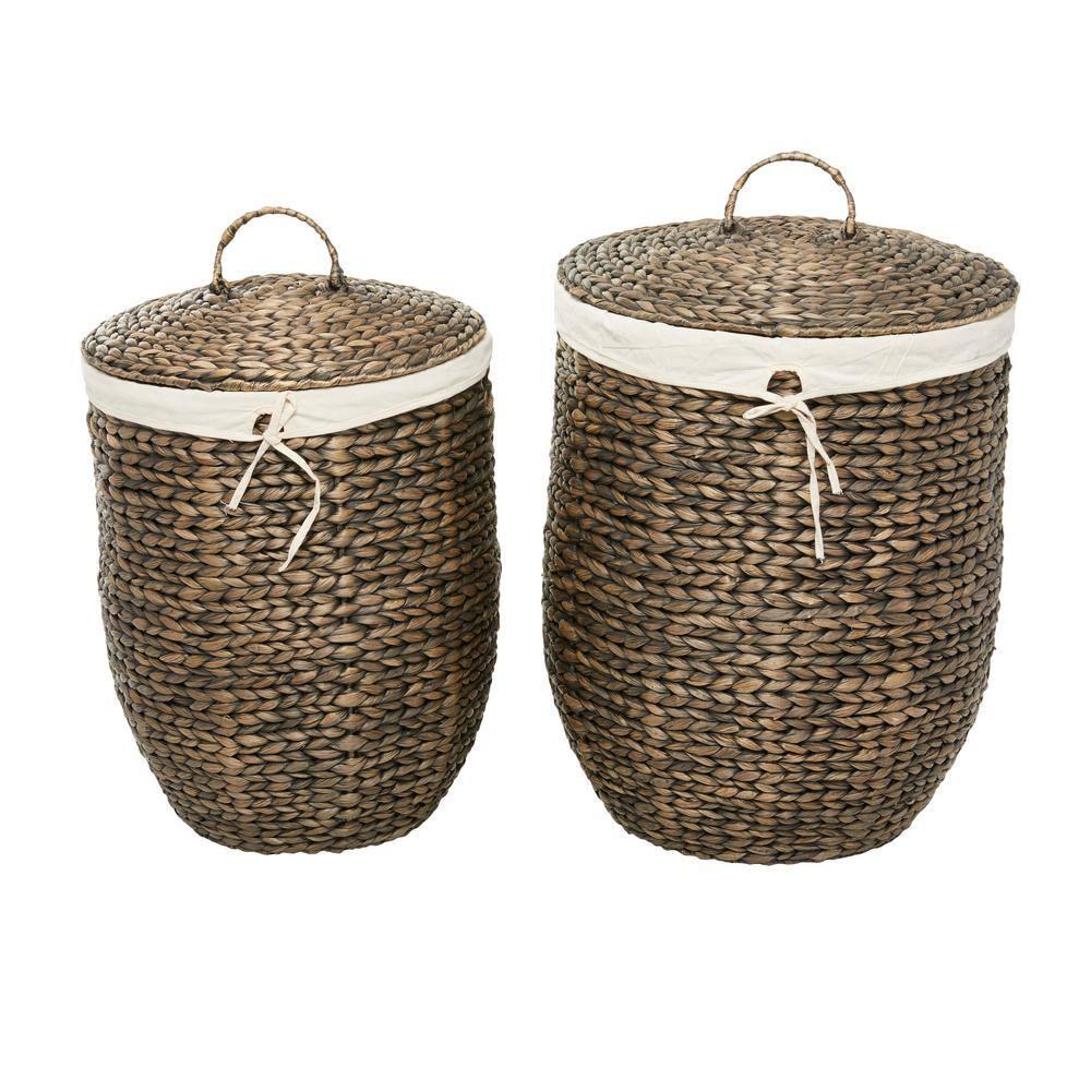 CosmoLiving by Cosmopolitan 23", 24"H Dark Brown Seagrass Handmade Storage Basket with Liner and Matching Tops, 2-Pieces