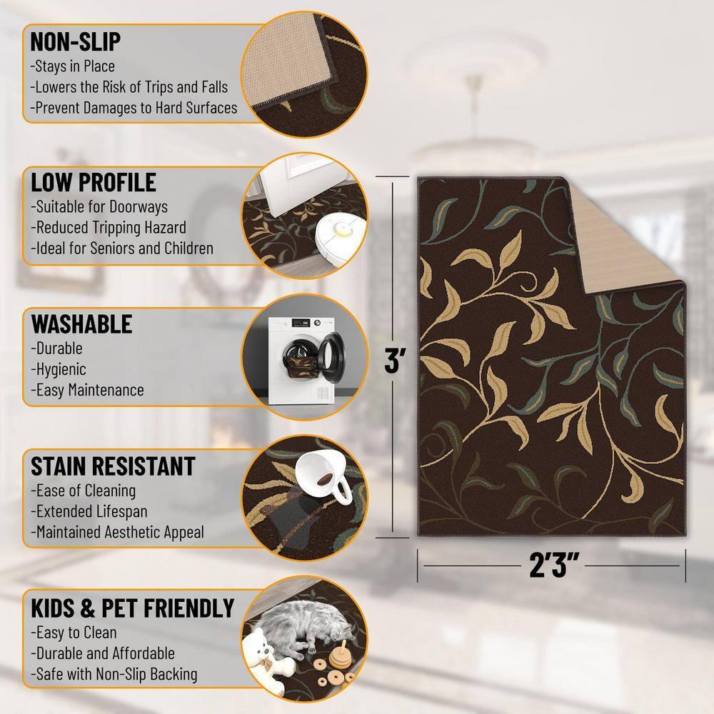 Ottohome Non-Slip Leaves Area Rug For Living Room, Hallway Runner, Entryway Rug, Brown