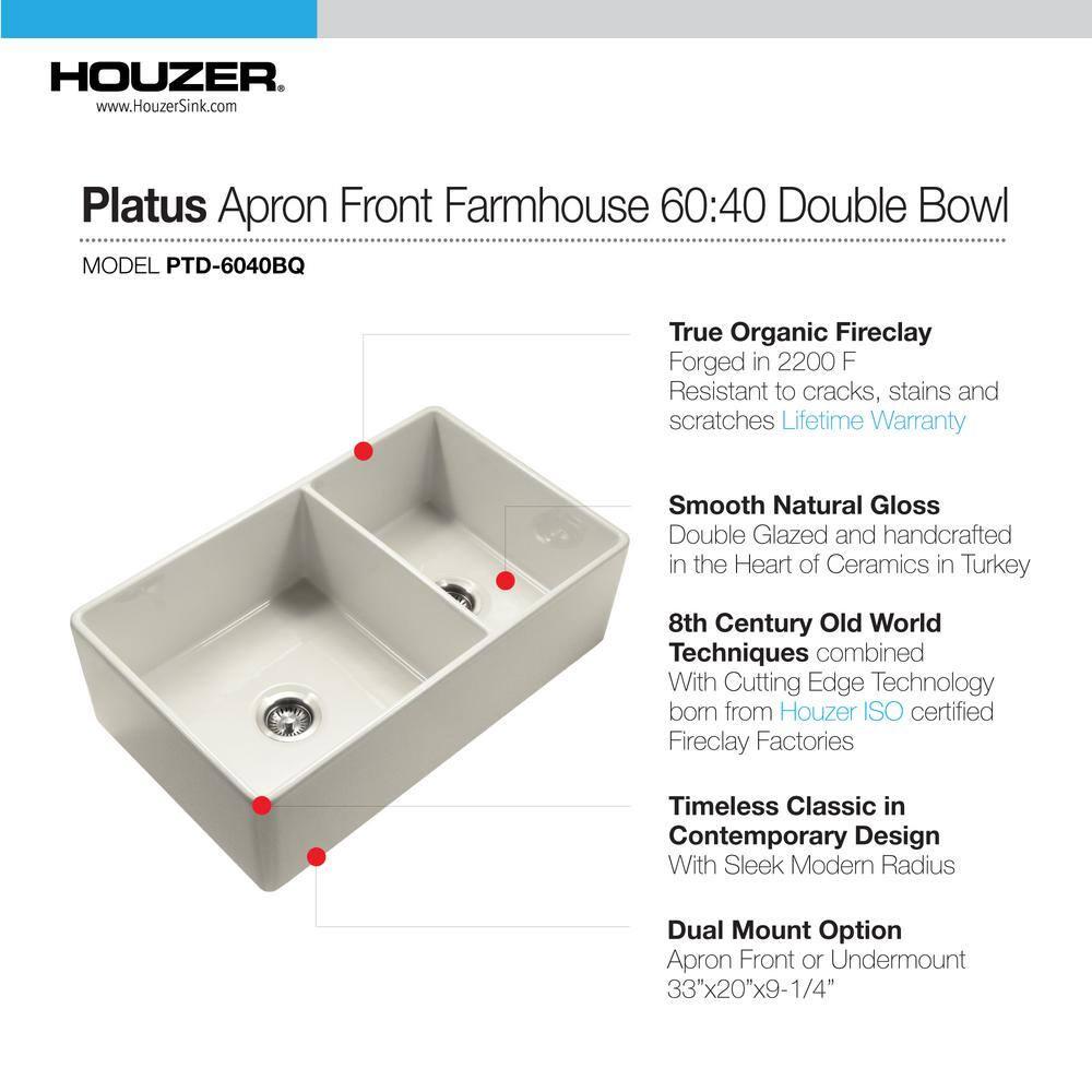 Platus 33 in. Biscuit Fireclay Apron Front Farmhouse 60/40 Double Bowl Kitchen Sink with Strainer and Grids PTD-6040 BQC