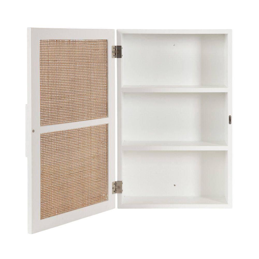 Kate and Laurel Ori Transitional Cane Wall Cabinet with Door, 15 x 7 x 24, Painted White Wood and Natural Rattan, Decorative Rattan Over the Toilet Cabinet with Three Shelves for Decor and Display