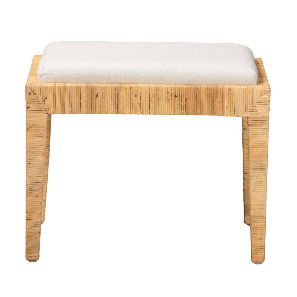 Sofia Rattan and Mahogany Wood Ottoman White/Natural Brown - Baxton Studio: Handmade, No Assembly Required