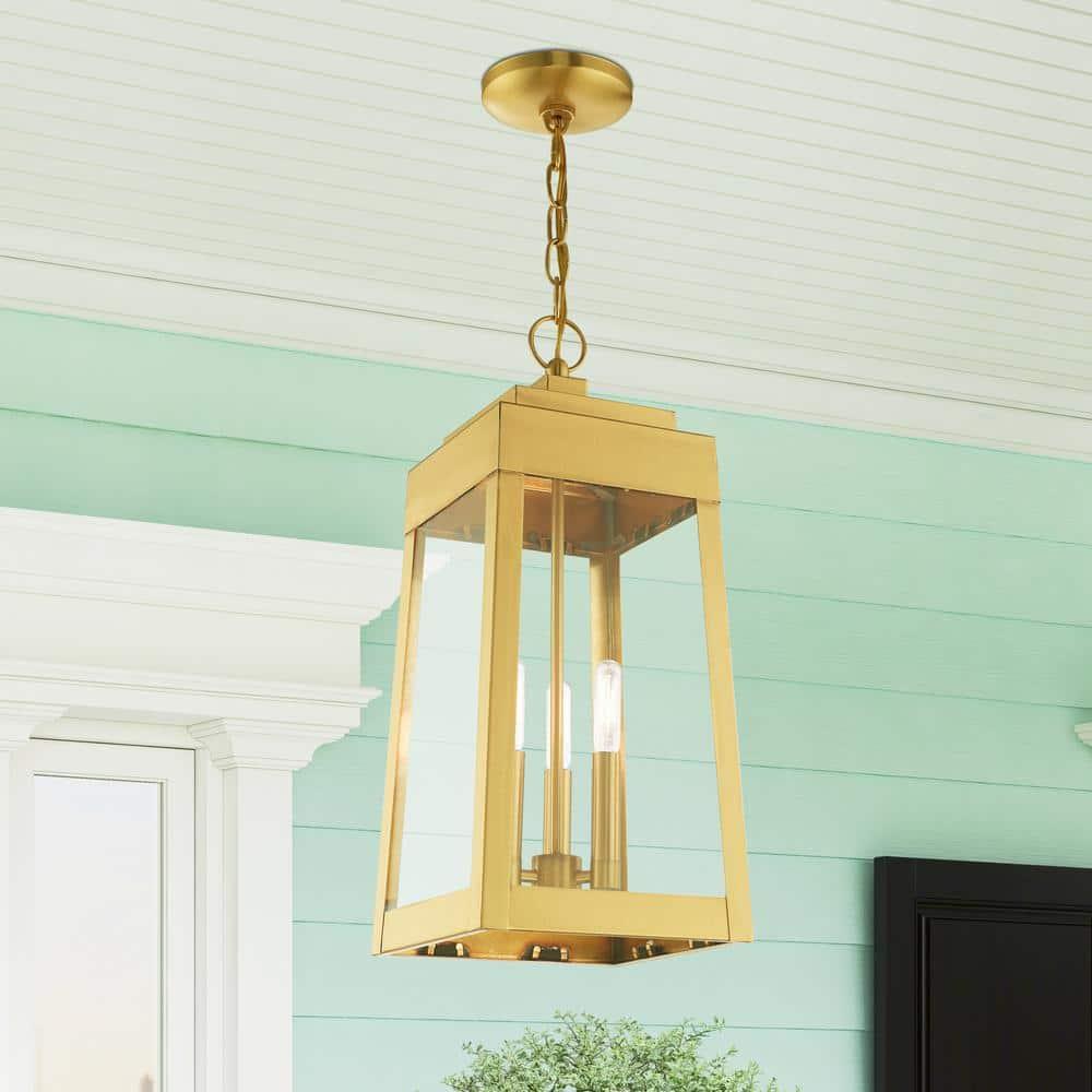 3 Light Outdoor Pendant Lantern in Mid Century Modern Style 8.25 inches Wide By 19.75 inches High-Satin Brass Finish Bailey Street Home