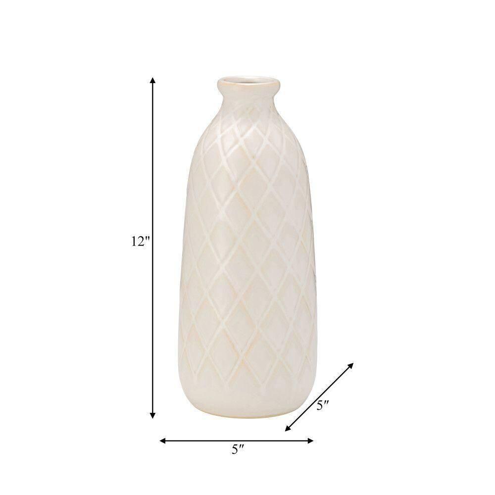 Sagebrook Home 12" Ceramic Vase - Contemporary Plaid Textured Ivory/Beige Vase For Floral Arrangements - Decorative Table Accent for Home or Office