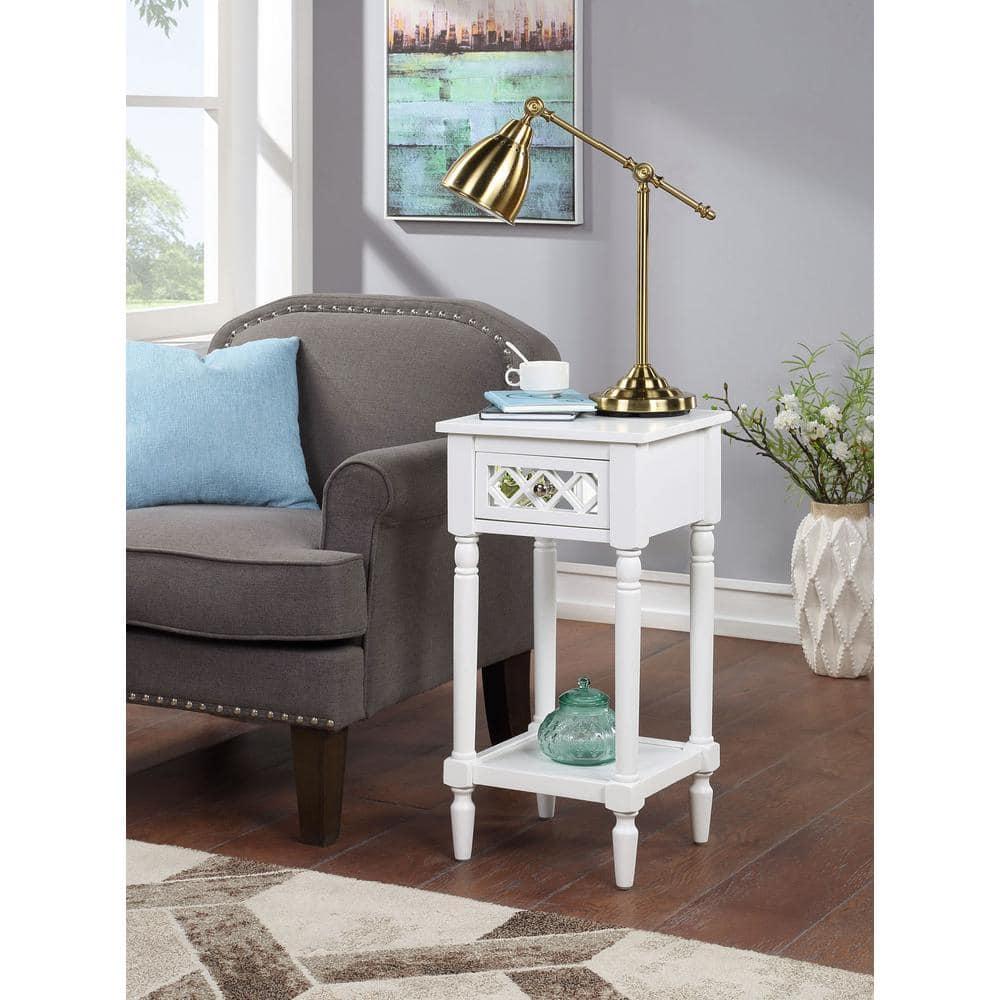 Convenience Concepts French Country Khloe Deluxe 1 Drawer Accent End Table 14" - Traditional Farmhouse Side Table with Mirrored Storage Drawer and Shelf for Living Room, White