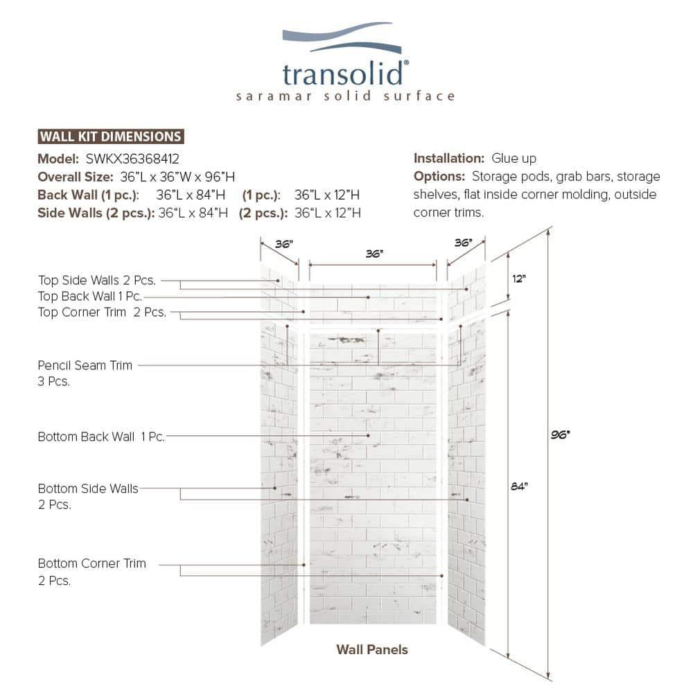 Transolid SaraMar 36'' W 36'' D 96'' H Glue Up Solid Surface Wall